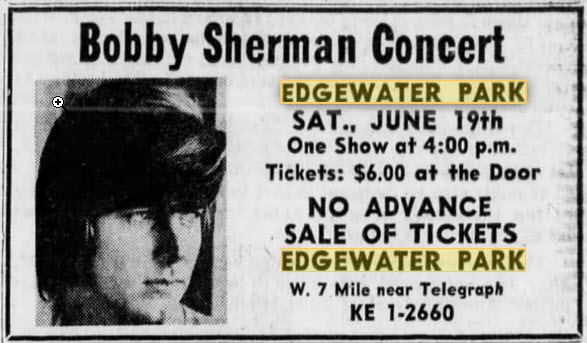 Edgewater Park - BOBBY SHERMAN AT THE PARK JUNE 6 1971